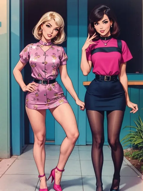 two fashionable young women posing for a picture, retro 60s girls fashion