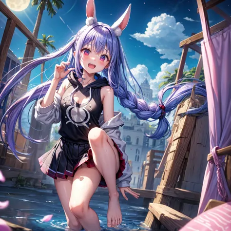 Blue-light purple hair、Red eyes、Braid、One cute girl、solo、And soul、Light clothing、Checked mini skirt、petal、Wet hair、black t-shirts、Rabbit Hoodie、large tree、cloud、Red full moon、desert、barefoot、Stones are piled up、Teeth are visible、Secret Treasure、Fortress Ci...