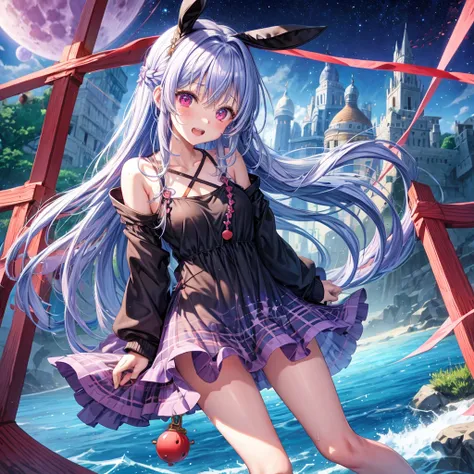 Blue-light purple hair、Red eyes、Braid、One cute girl、solo、And soul、Light clothing、Checked mini skirt、petal、Wet hair、black t-shirts、Rabbit Hoodie、large tree、cloud、Red full moon、desert、barefoot、Stones are piled up、Teeth are visible、Secret Treasure、Fortress Ci...