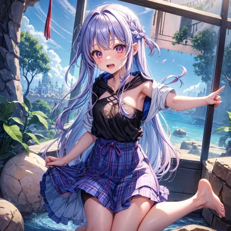 Blue-light purple hair、Red eyes、Braid、One cute girl、solo、And soul、Light clothing、Checked mini skirt、petal、Wet hair、black t-shirts、Rabbit Hoodie、large tree、cloud、Red full moon、desert、barefoot、Stones are piled up、Teeth are visible、Secret Treasure、Fortress Ci...