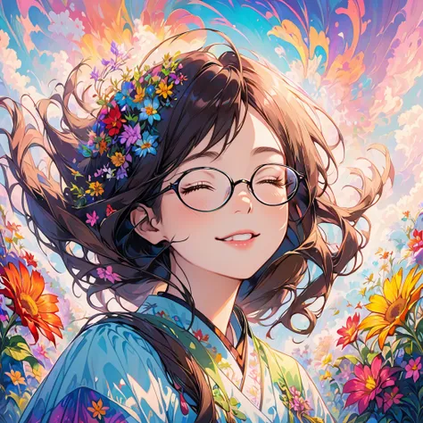 (psychedelic art:1.5), (from below:1.2), complicated clothes, Upper body, eyes closed,a teacher, wear glasses, （There are dozens of flowers around：1.4）, Upper body lens，(happy:1.2), Her hair is long with yellow and black highlights.