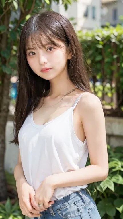 Highest quality, RAW Photos, Realistic, face, Incredibly beautiful girl, cute, Long Hair，garden，White tank top, Denim shorts, リラックスした座りポーズflat, breasts, small breasts, small,( small bust: 1.2), small bust, (slim, small, flat, small), thin, Delicate and sex...