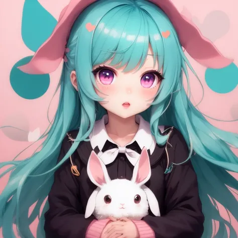 small anime girl, long teal hair, pink eyes, (hugging a bunny),Emoticon packages, color palette pink teal and white