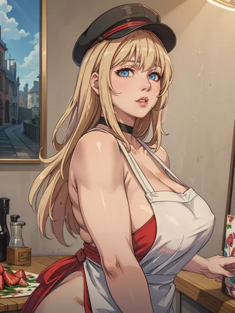 (best quality,highres),(realistic:1.37),(portrait),(studio lighting), ,solo mature woman,curvy, giant breasts, giant ass,straight strawberry blonde hair, dusty blue eyes,full lips, seductive, choker, painters apron,painters hat