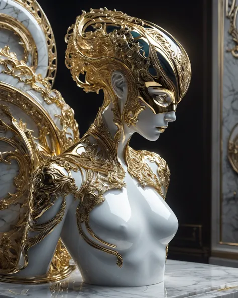 photo, 8K ((Surrealism)) Alien marble sculpture scene statue, complex, elegant, Very detailed, majestic, digital photography, art by artgerm and ruan jia and greg rutkowski Surrealism painting gold and siver  filigree, shattered glass, (masterpiece, Side L...