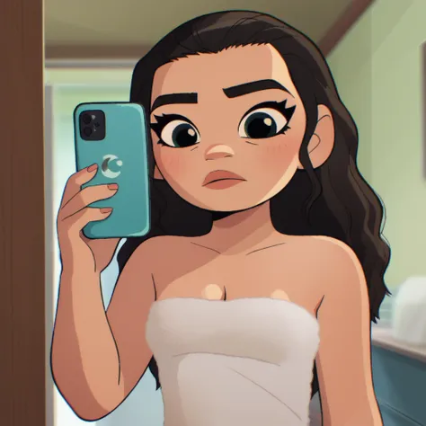 score_9_presence, score_8_up, moana, wrapped in towel, medium breasts, cleavage, holding phone