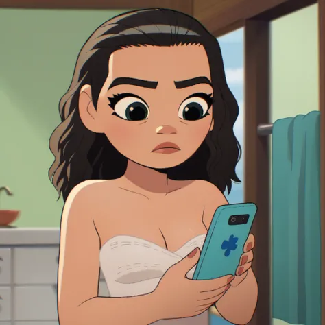 score_9_presence, score_8_up, Moana, wrapped in towel, medium breasts, cleavage, holding phone