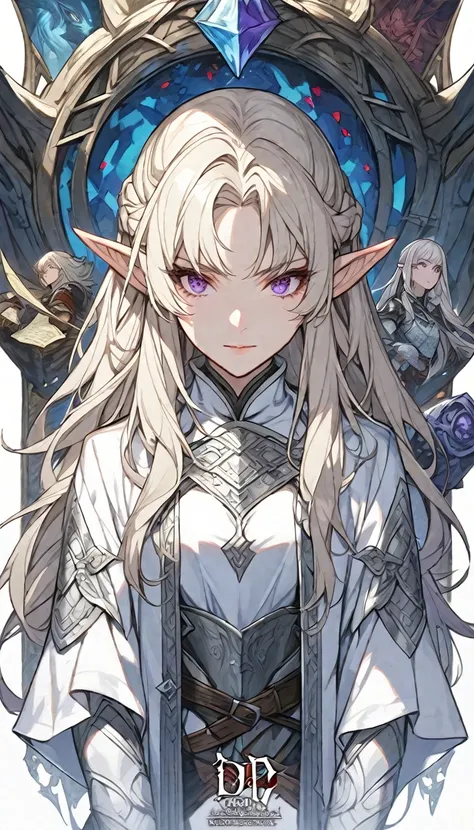 Solitary, woman, beautiful, Medium Length Platinum Blonde Hair，with bangs, Half-tied and half-down hair, Purple Eyes, White coat, d&d, Elf, middle Ages