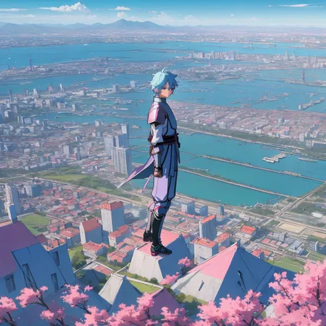 A vibrant anime cityscape nestled beside a crystal-clear lake, with pastel-colored buildings lining the shore. A young anime boy in shining armor stands atop a hill overlooking the city, his gaze lost in the vast expanse of the sky.