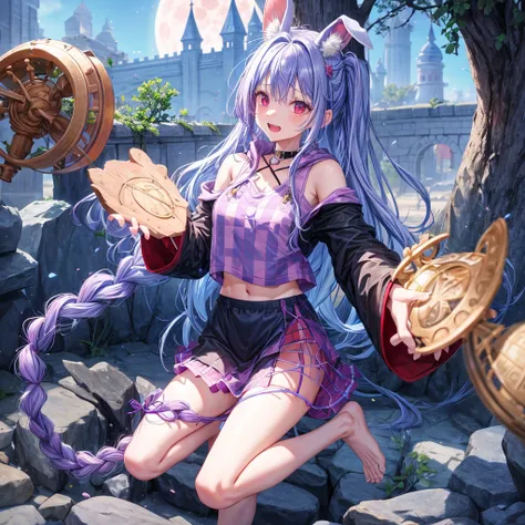 Blue-light purple hair、Red eyes、Braid、One cute girl、solo、And soul、Light clothing、Checked mini skirt、petal、Wet hair、black t-shirts、Rabbit Hoodie、large tree、cloud、Red full moon、desert、barefoot、Stones are piled up、Teeth are visible、Secret Treasure、Fortress Ci...