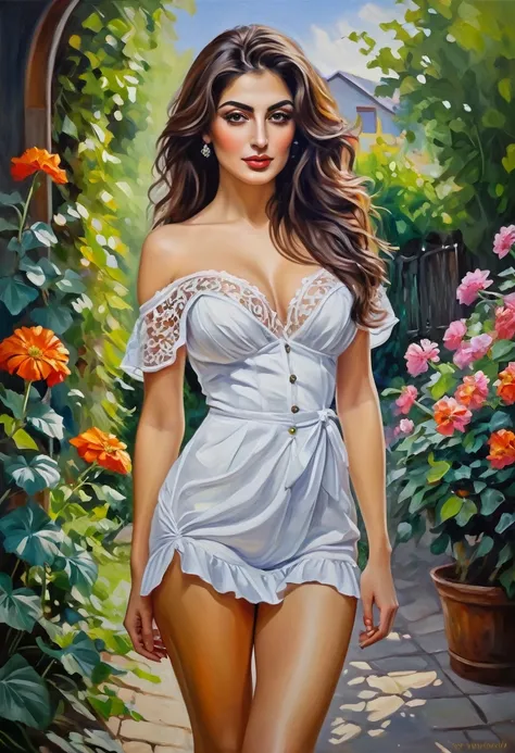 oil painting, portrait, on a walk in the garden, Armenian, beautiful, sexy, dressed very revealingly (like a whore), Beautiful legs, very attractive face, hair down, tender, in detail