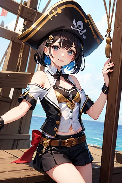 Highest quality、Black Hair、Iris、short hair、girl、cute、16 years old、、Small hair ornament、1 person、Cosplay、Pirate outfit、Pirate hat、On a pirate ship、A happy look、