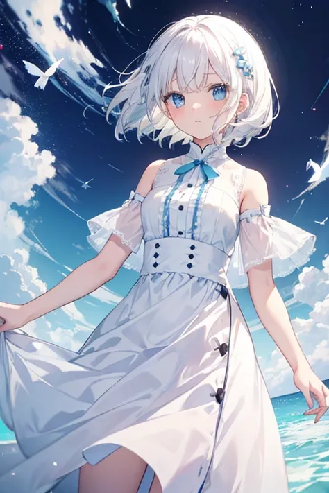 Cute white-haired girl with light blue eyes wearing a white dress
