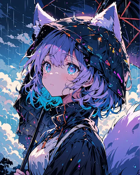 Masterpiece, 4k, anime digital painting style, eyes focus, half body shot, 1nekogirl, neko ears with White fur, Light purple fox tail, Light purple hair, sky blue eyes, cloud inside sky blue eyes. ((Golf details only inside the eyes))
She is looking up at ...