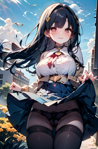 （Cute older sister:1.3）、Long eyelashes、smile,Spring atmosphere、noon、Aggressive、hot、((Strong winds))、Black Pantyhose、Shining Eyes、sneeze、pollen,Big Breasts