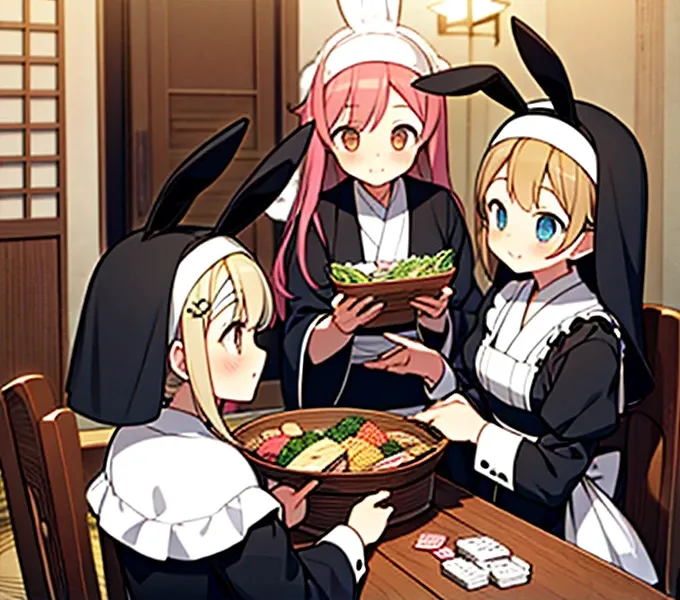 Highest quality, Tabletop, Game CG, (kimono),Maid,Nuns, bunny, 複数のgirl, 6+girl, Bunny ears, Rabbit&#39;s Tail, 6人のgirl, 6人のgirl, lureする, obscene, desire, lure, (Stir),