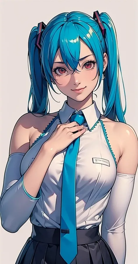 masterpiece, hatsune miku, White shirt, Blue tie, Exposing shoulders, The sleeves are separated, Evil Smiley Face, Dark Skin, Red eyes, Iris, Pupil orange,