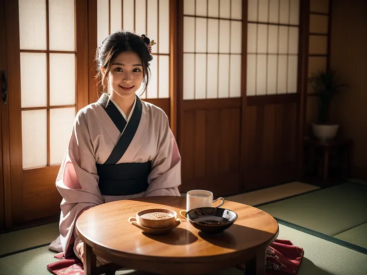 Sitting-straight shot, Best quality, a 25y chubby latin women, wearing a Japanese Kimono in a kneeled proper sitting position with hands on her lap, Kimono hairstyle, moody atmosphere, beautiful shadow, room light exposure, sitting on wooden tilted floor n...