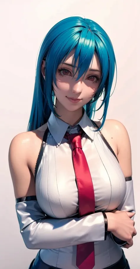 masterpiece, hatsune miku, white shirt, blue tie, exposing shoulders, the sleeves are separated, evil smiley face, dark skin, re...