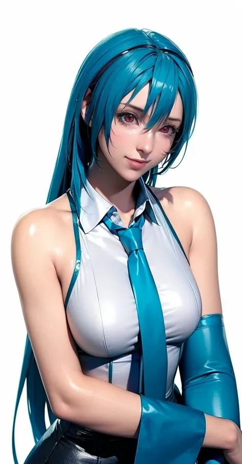 masterpiece, hatsune miku, white shirt, blue tie, exposing shoulders, the sleeves are separated, evil smiley face, dark skin, re...