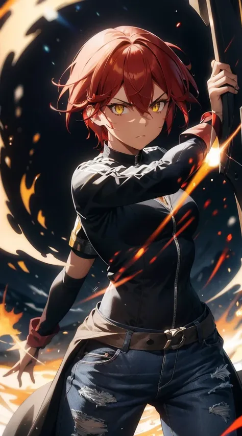 woman, fight pose, baddas stare,hold a red sword with a blue flame emblem, red long  pixie hair, yellow eyes, yellow short shirt...