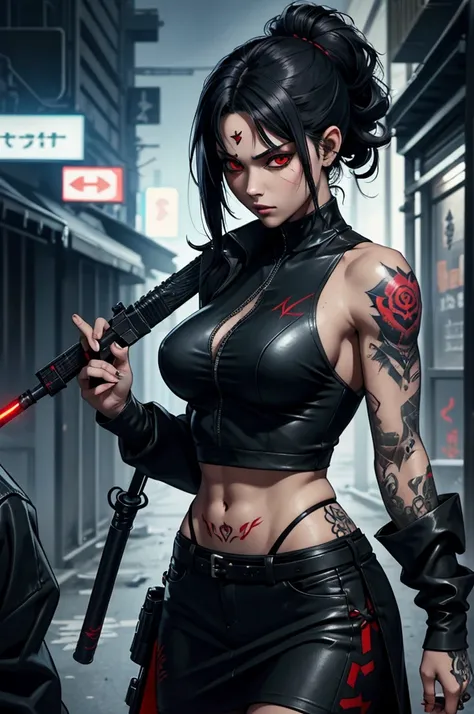 artwork, une fille, gangster, yakuza, tatouage sur tout le corps, dressed in black, regard agressif, red eyes, black hair tied, ...