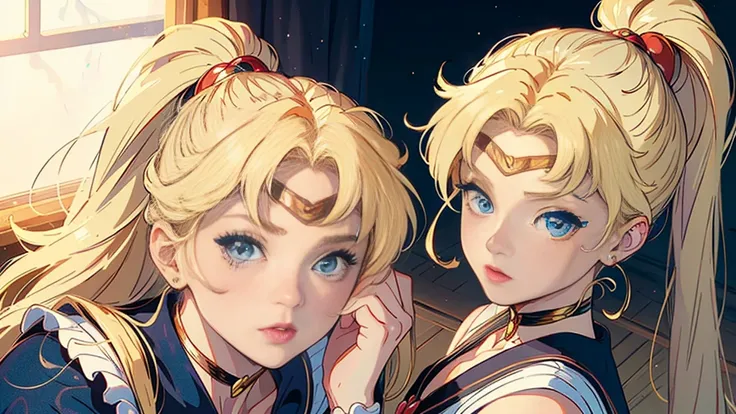 ((Masterpiece)), (Best quality), (Very detailed), ((Very detailed)), 4K, (8 k), sailor Moon, Long blonde hair, double ponytail, sailor Moon Aesthetics, Basic dream,