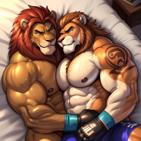 Duo male(Brown Lion with mane vs Red Lion, handsomes, handsome hairstyle, Thick eyebrows, detailed face), gay(Lying down, cuddling embraced, Body above body, on a bed match), hot(Shirtless), handsomes(They are handsomes, correct anatomy), musculosos(Big mu...