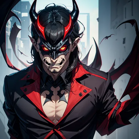 evil man with half his face in a devil mask