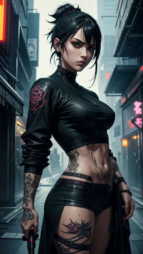 Artwork, une fille, gangster, Yakuza, tatouage sur tout le corps, dressed in black, regard agressif, black hair tied, two sabers in the back, cyberpunk dark fantasy, epic, colored