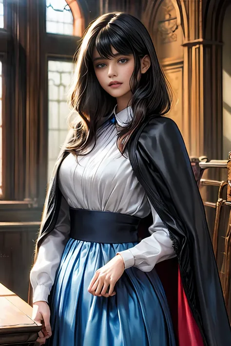 
masterpiece, 最high quality, high quality, 1 girl, alone, Female focus, Watching the audience,  Messy black hair, Adorable big blue eyes, White people, Noble, Noble,Sexy voluminous cape、vampire、A very voluminous, large, very large, very large, long, long r...