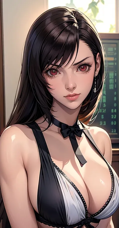 masterpiece,FF7, Tifa,, Exposing shoulders, , Beautiful face, Dark Skin, Red eyes, Iris, Pupil orange,Mr.々Posing,