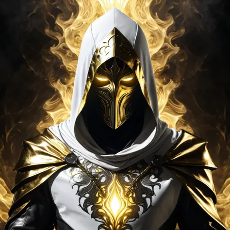 Dark fantasy, shadow knights, (( white and gold plug suit, black smoke in plug suit) ), (burning eyes:1) , (white, gold hooded cloak of leather material) , (fractal art:1.2) , cave background, transparency, caustics, optics, surreal, magic, masterpiece, pe...