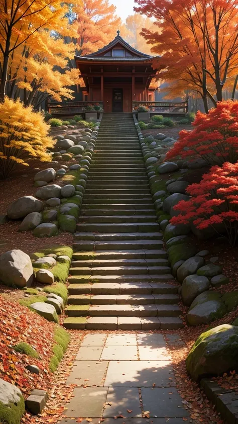 steps leading to an autumn environment with a red, in the style of botanical abundance, Mode KEI, Bloomcore, silbador, romantic emotionality, natural core, carpetpunk