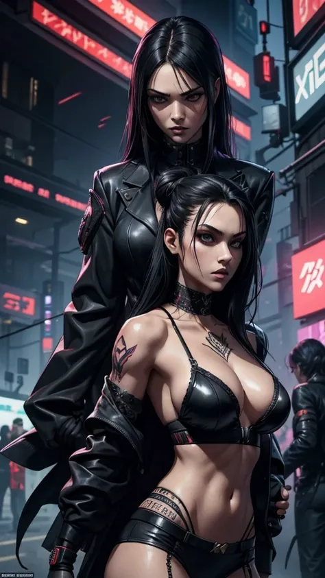 Artwork, plusieurs filles, gangster, Yakuza, they fight with sabers, tatouage sur tout le corps, dressed in black, super sexy,  regard agressif, black hair tied, two sabers in the back, cyberpunk dark fantasy, epic, colored