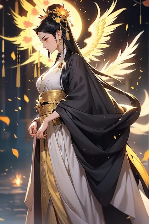 Black Hair, Immortal, Beauty, Royal sister, Stepmother, Gold yellow Taoist robe, Phoenix Coronet, Hair Bunch, Phoenix Sense, Beautiful breasts