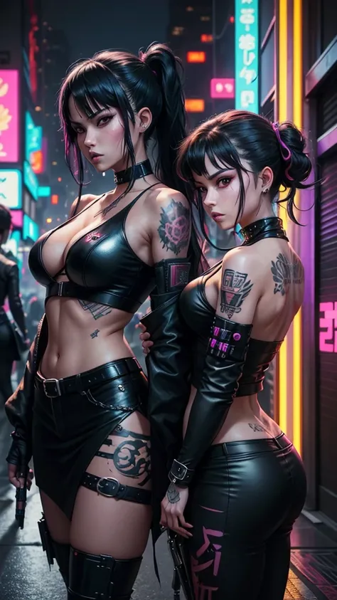 Artwork, plusieurs filles, gangster, Yakuza, they fight with sabers, tatouage sur tout le corps, dressed in black, super sexy, regard agressif, black hair tied, two sabers in the back, cyberpunk dark fantasy, epic, colorful neon, in a cyberpunk city, la nu...