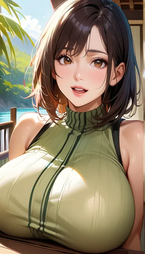 Tabletop, Highest quality, Realistic, In detail, High resolution, 8k wallpaper, Perfect dynamic composition, Beautiful attention to detail, Medium Hair, Big ample breasts, Random sexy poses,Chest to chest、(Ultra-tight sleeveless waistless khaki knitwear))、...