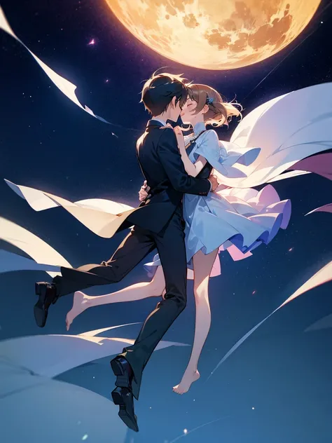 Boy and girl kissing in mid air floating 
Full body visible 
Night sky background