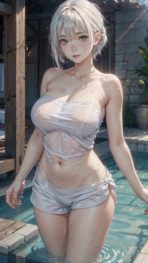 White hair cute girl . so cute , Round Face . Solitary , Slim ,  Short stature . Glowing skin . Pure white tube top T-shirt . shorts , White background , Looking at the audience&#39;s slender and sexy legs， Put your hands behind your head((Clear nipples))、...