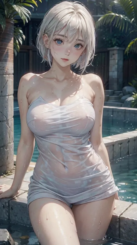 White hair cute girl . so cute , Round Face . Solitary , Slim ,  Short stature . Glowing skin . Pure white tube top T-shirt . shorts , White background , Looking at the audience&#39;s slender and sexy legs， Put your hands behind your head((Clear nipples))、...