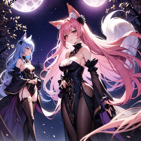 ((Meilleure qualité)), ((chef-dœuvre)), (détaillé), Create one mystical fox-inspired female character in a standing pose, set in an enchanted forest at night. The full moon illuminates the background. The character wears an elegant, sexy, dark outfit with ...