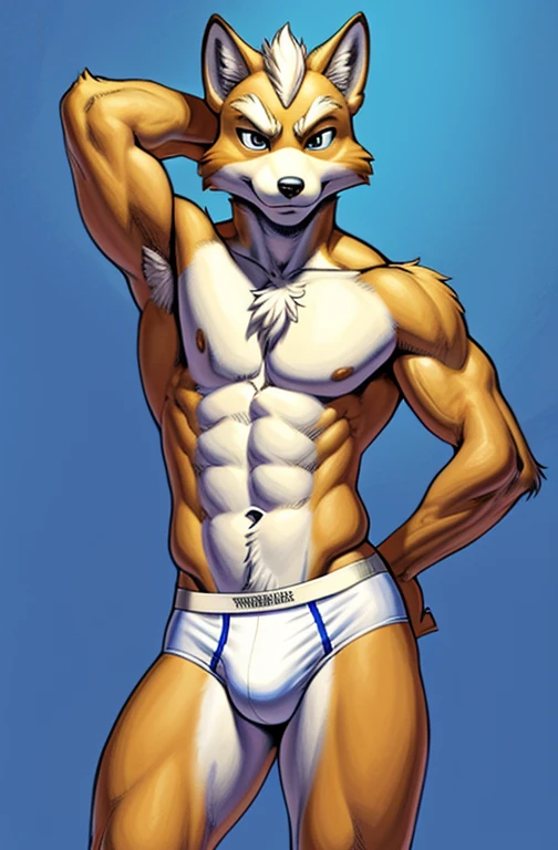 solo, male, Fox McCloud from Starfox, hands behind his back, naked, bulge, skinny toned body, (wearing a white underwear, tighty-whities, white seam brief), (Portrait Focus), head to thighs, looking at viewer, high detailed, masterpiece, dark blue backgrou...