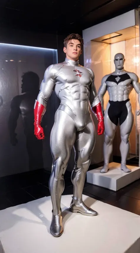 (realistic,hyper-detailed,8k,DC comic superhero,Captain Atom,captainatom),
(silver suit,silversuit),
(red gloves,redgloves),
(red boots,redboots) , unrealistic wide hips , unrealistic wide hips , plump hips ,  snatched waist , stiff nipples ,  pectoral ,  ...