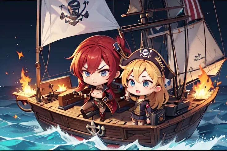 (1 Female), (Pirate with sword), Pirate War, Pirate Flag, Broken ship, fierce fighting, Ship deck, inflammation, cigarette, Brave Leader, anchor, spark, Artillery fire, chibi