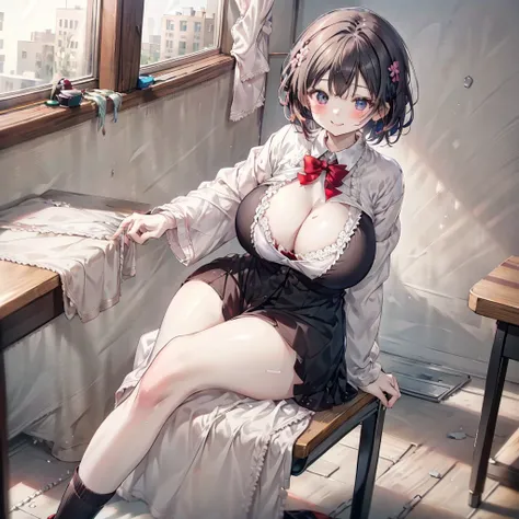 (masterpiece, 4K resolution, Ultra-realistic, Very detailed), girl、、12 years old、blazer、Sit on a chair、classroom、Holding a pink bra with both hands、smile、Black Hair、Bobcut、Chubby body type、Big Breasts、Big Ass、