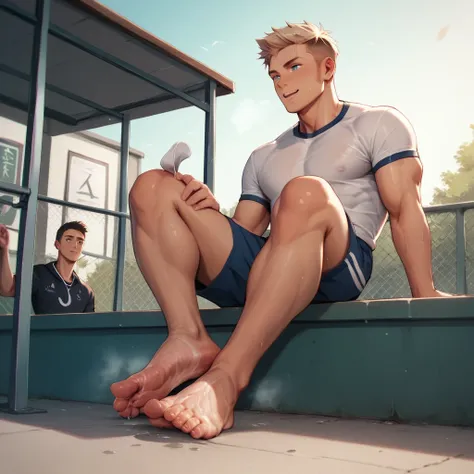 school sports boy showing smelly 
feet in public