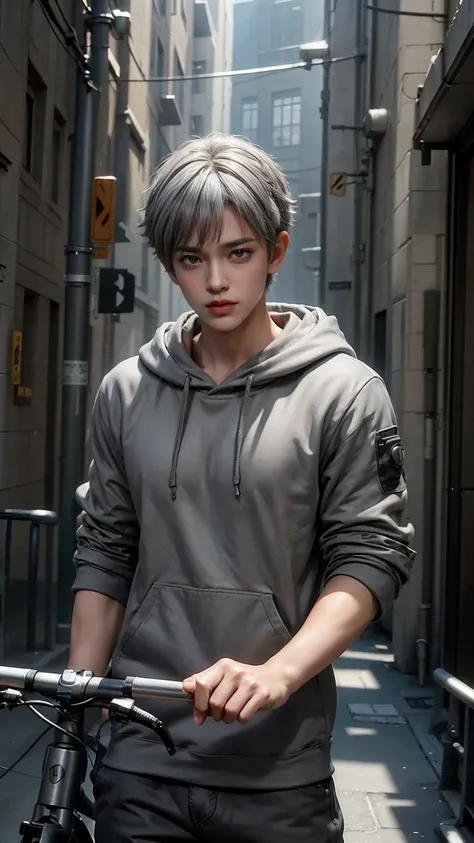 masterpiece,Game Art,Best picture quality,Maximum resolution,8k,(Upper Body),Unreal Engine 5 rendering works,(Digital Photography),(Boy on bike),Short hair details,Short bangs,(The eyes are very delicate),(Has short grey hair:1.4),(Perfect body),(Grey hood...