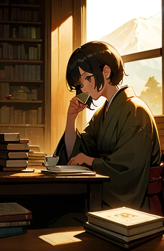 Quiet man,kimono,Mountain of books,Soft lighting,Antique books,Highest quality,Quiet setting,Vintage feel,Drinking coffee and relaxing