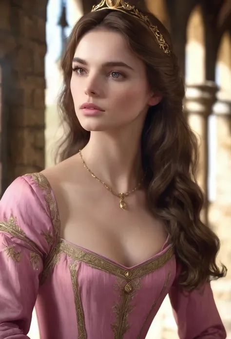 1 woman, inside a medieval era castle, wearing an elegant pink dress, detailed facial features, feminine brown eyes, , detailed fair skin, golden brown hair, dramatic lighting, cinematic composition, dark palette, dark colors, atmospheric haze, thin chin, ...